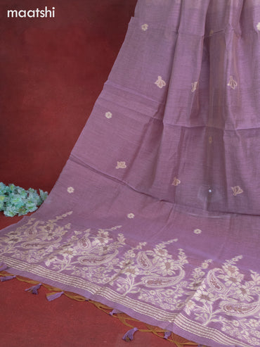 Munga cotton dress material purple shade with woven buttas & french knot kantha stich work and bottom & thread zari dupatta