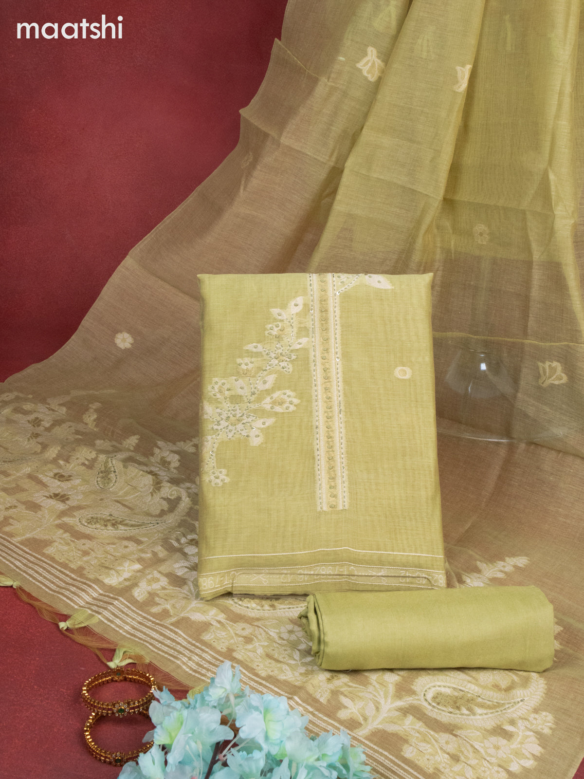 Munga cotton dress material pista green with woven buttas & french knot kantha stich work and bottom & thread zari dupatta