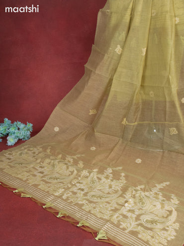 Munga cotton dress material pista green with woven buttas & french knot kantha stich work and bottom & thread zari dupatta