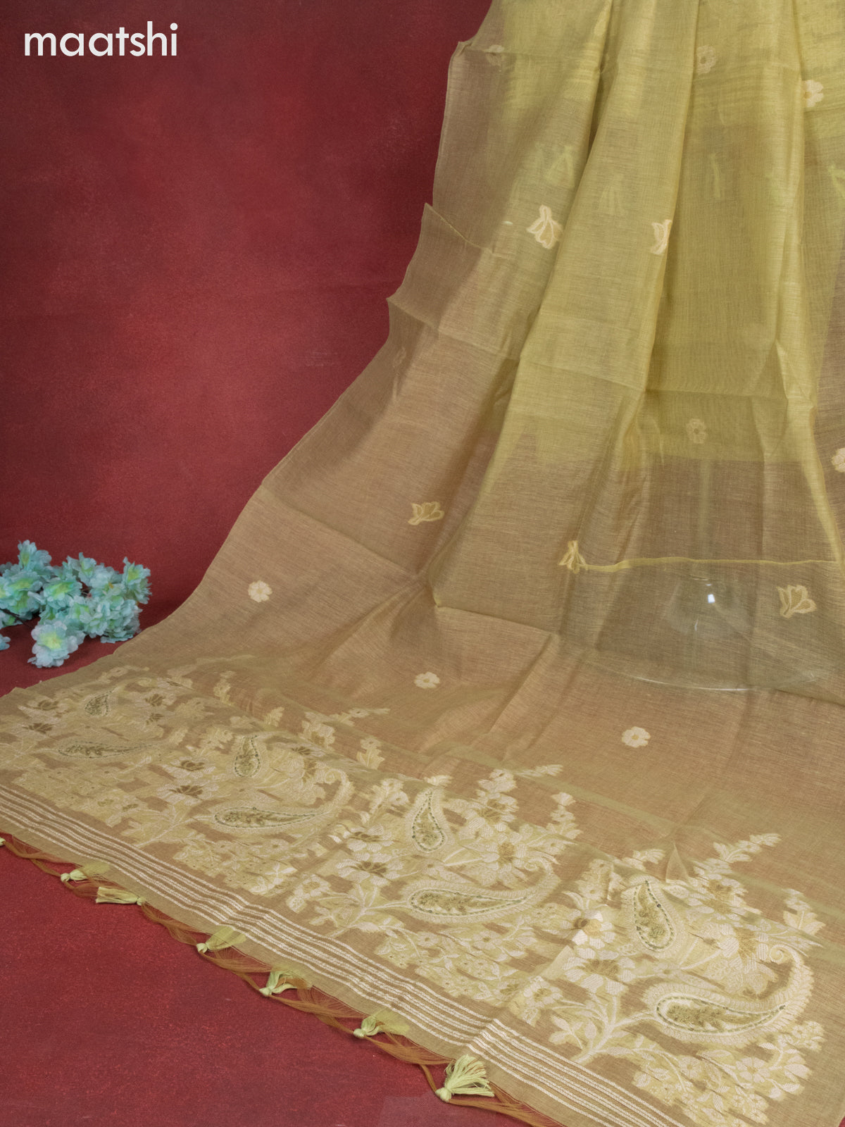 Munga cotton dress material pista green with woven buttas & french knot kantha stich work and bottom & thread zari dupatta