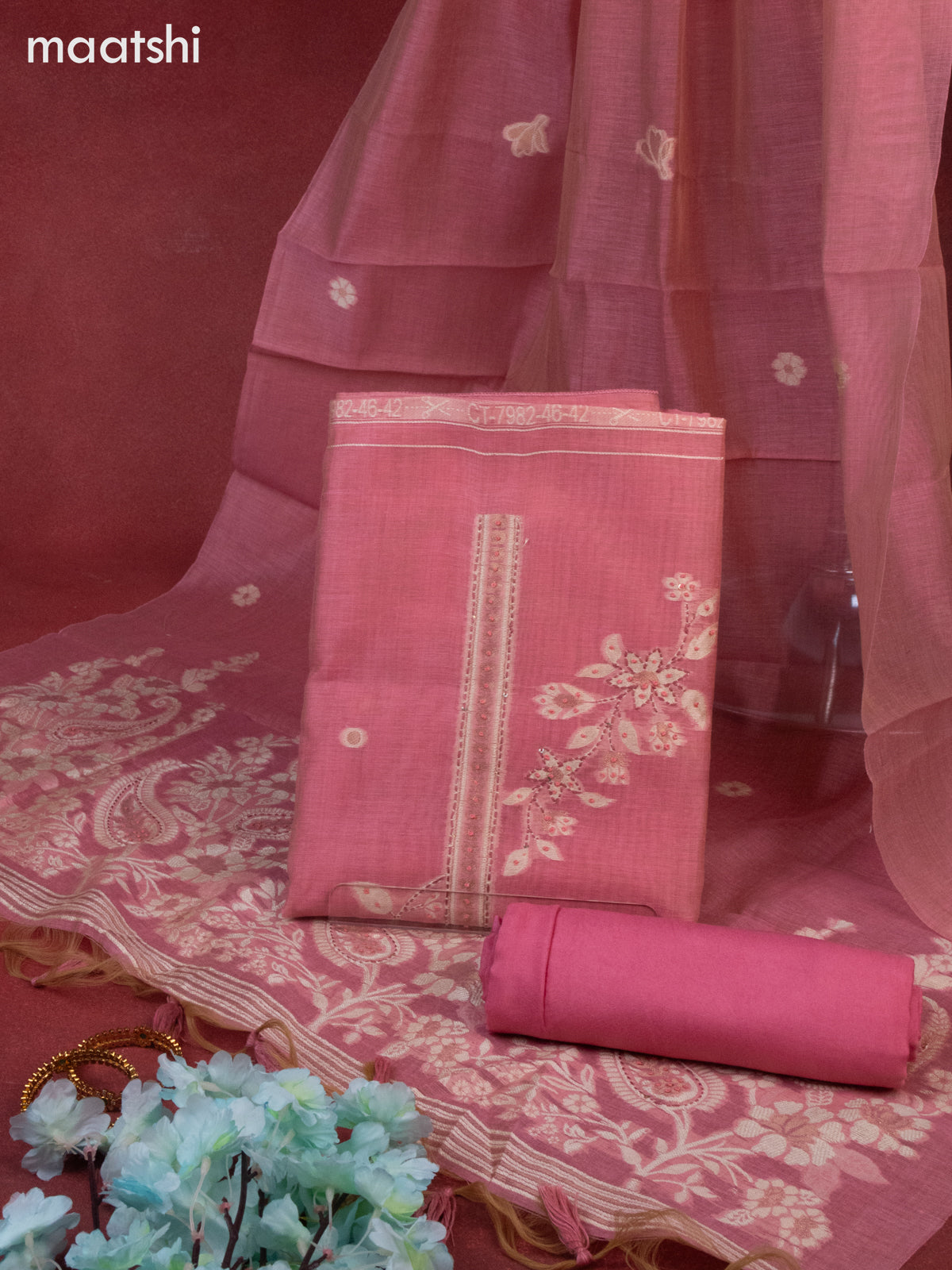Munga cotton dress material peach pink with woven buttas & french knot kantha stich work and bottom & thread zari dupatta