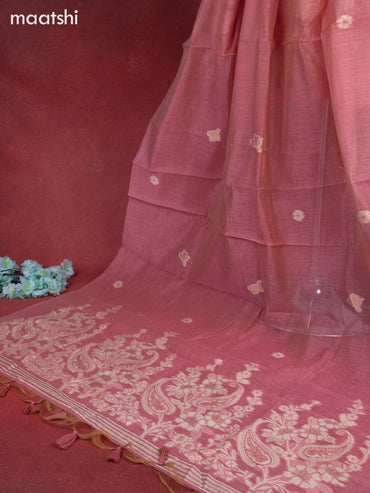 Munga cotton dress material peach pink with woven buttas & french knot kantha stich work and bottom & thread zari dupatta
