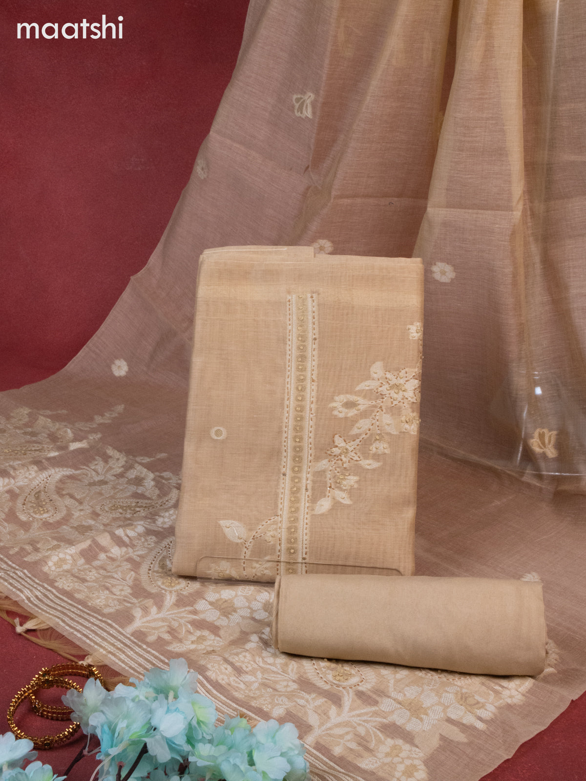 Munga cotton dress material sandal with woven buttas & french knot kantha stich work and bottom & thread zari dupatta