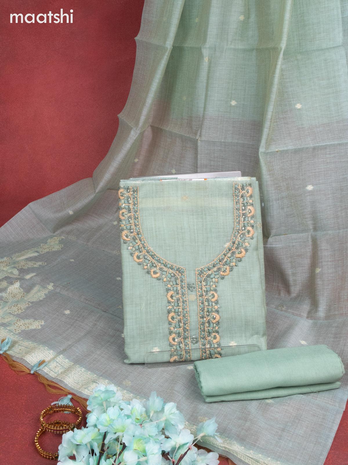 Munga cotton dress material teal shade with woven buttas & sequin embroidery work neck pattern and bottom & thread zari dupatta