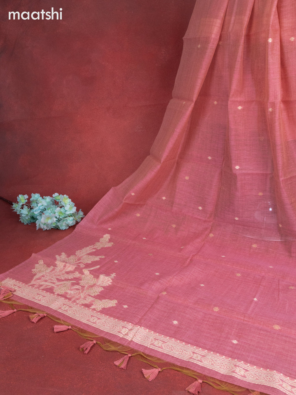 Munga cotton dress material peach pink with woven buttas & sequin embroidery work neck pattern and bottom & thread zari dupatta