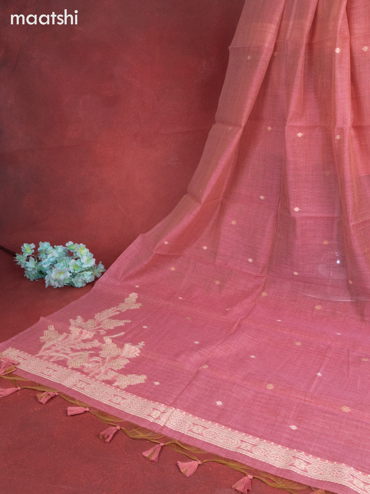 Munga cotton dress material peach pink with woven buttas & sequin embroidery work neck pattern and bottom & thread zari dupatta
