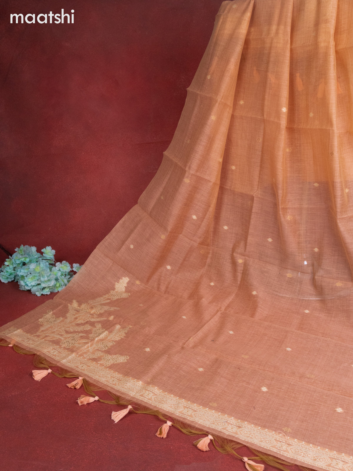 Munga cotton dress material peach shade with woven buttas & sequin embroidery work neck pattern and bottom & thread zari dupatta