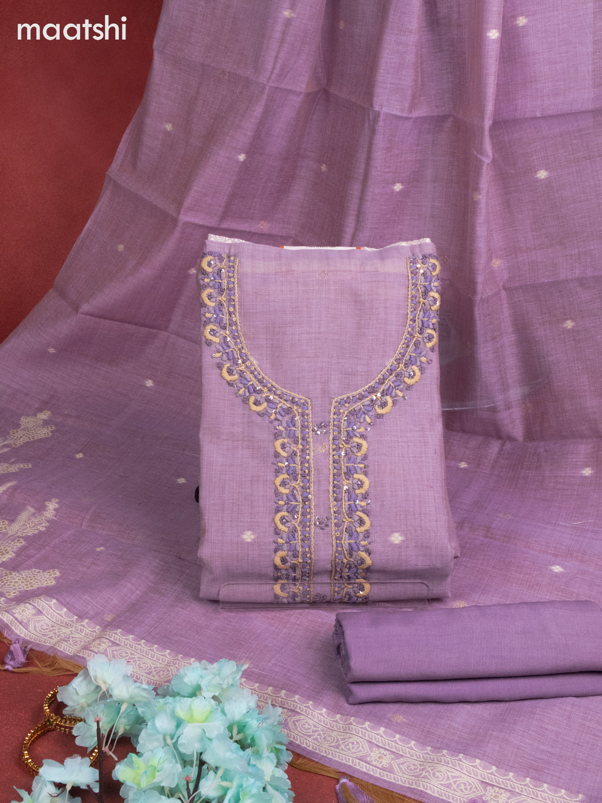 Munga cotton dress material purple shade with woven buttas & sequin embroidery work neck pattern and bottom & thread zari dupatta