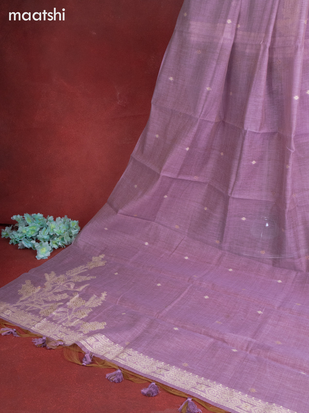 Munga cotton dress material purple shade with woven buttas & sequin embroidery work neck pattern and bottom & thread zari dupatta