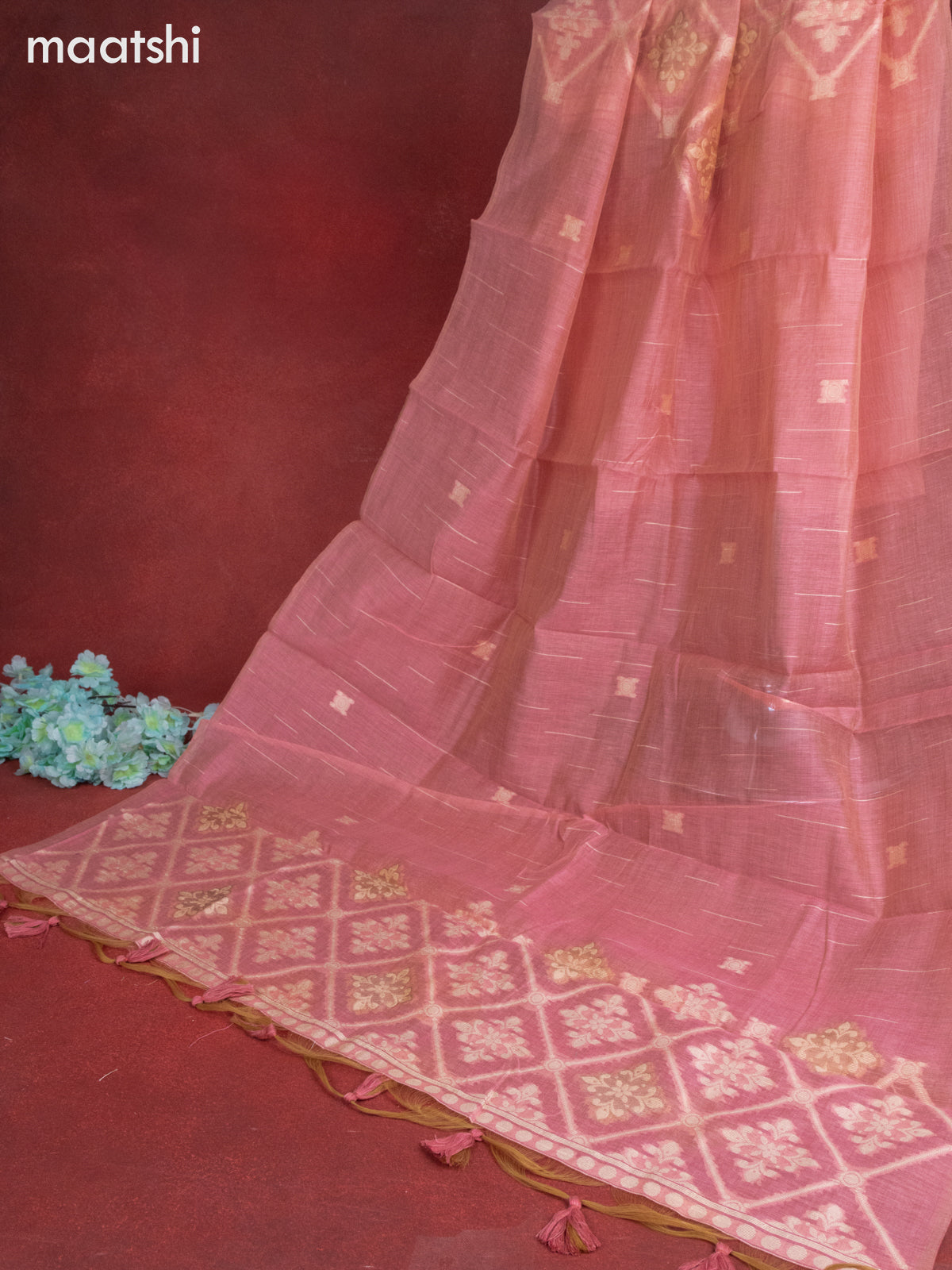 Munga cotton dress material peach pink with thread woven buttas & embroidery work and bottom & thread zari dupatta