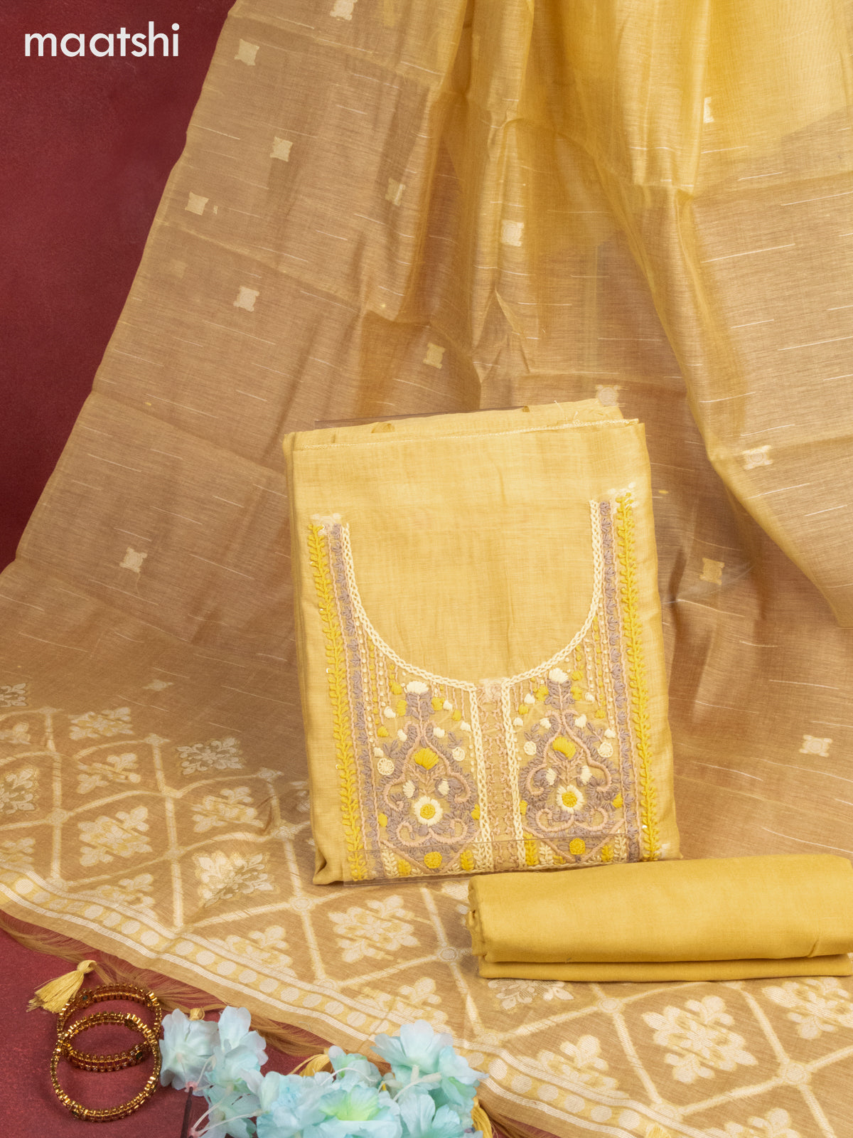 Munga cotton dress material yellow shade with thread woven buttas & embroidery work and bottom & thread zari dupatta