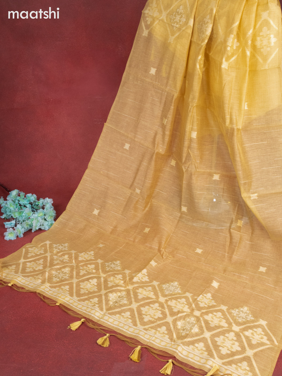 Munga cotton dress material yellow shade with thread woven buttas & embroidery work and bottom & thread zari dupatta