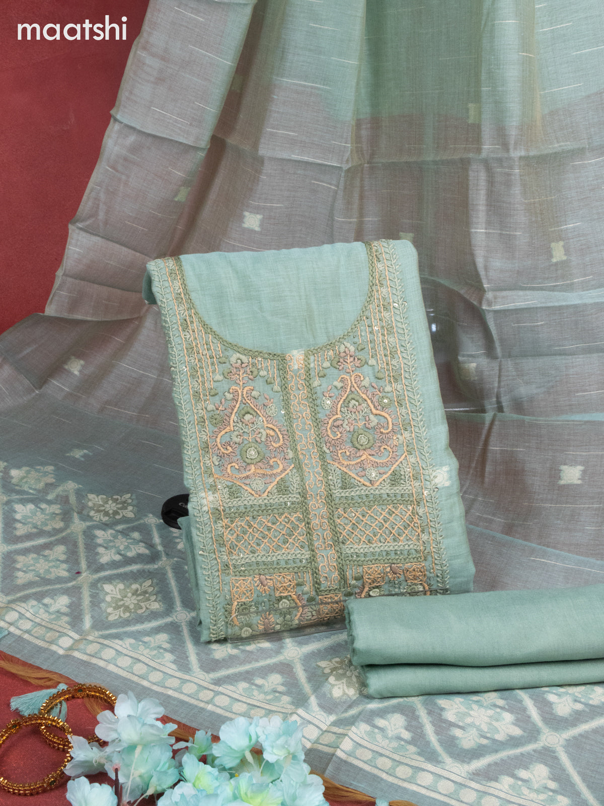 Munga cotton dress material teal shade with thread woven buttas & embroidery work and bottom & thread zari dupatta