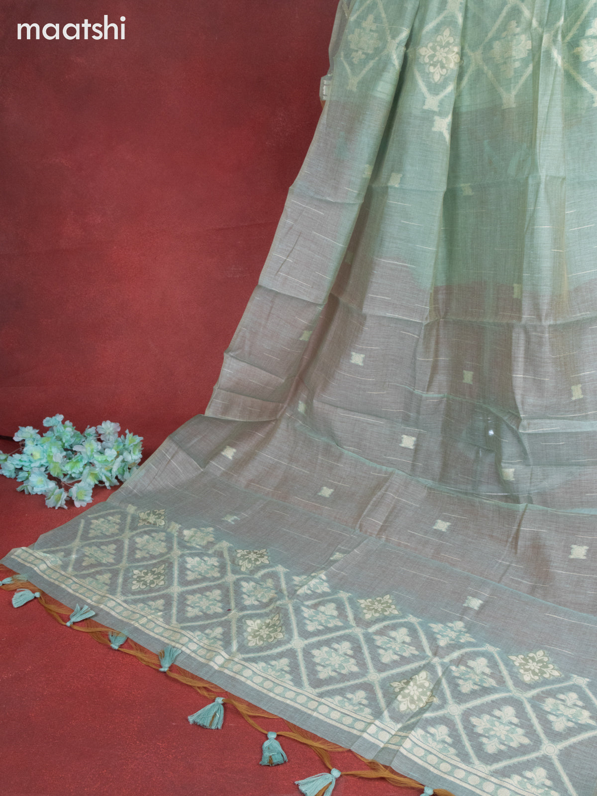Munga cotton dress material teal shade with thread woven buttas & embroidery work and bottom & thread zari dupatta