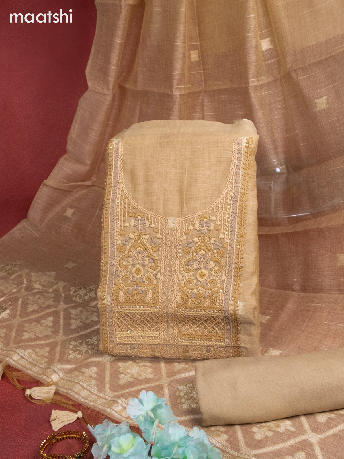 Munga cotton dress material sandal with thread woven buttas & embroidery work and bottom & thread zari dupatta