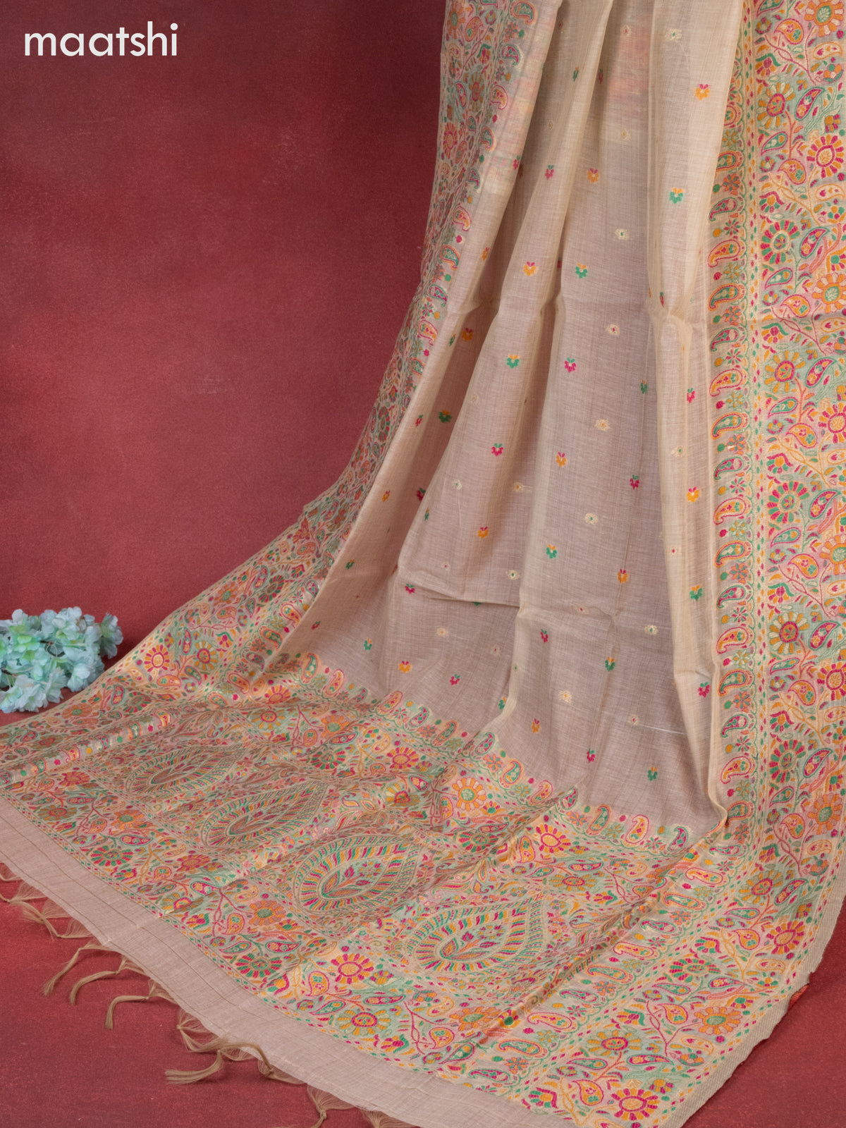 Munga cotton dress material beige with woven buttas & sequin beaded work neck pattern and bottom & thread zari dupatta