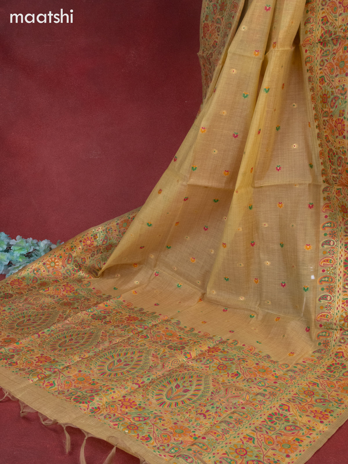 Munga cotton dress material pale yellow with woven buttas & sequin beaded work neck pattern and bottom & thread zari dupatta