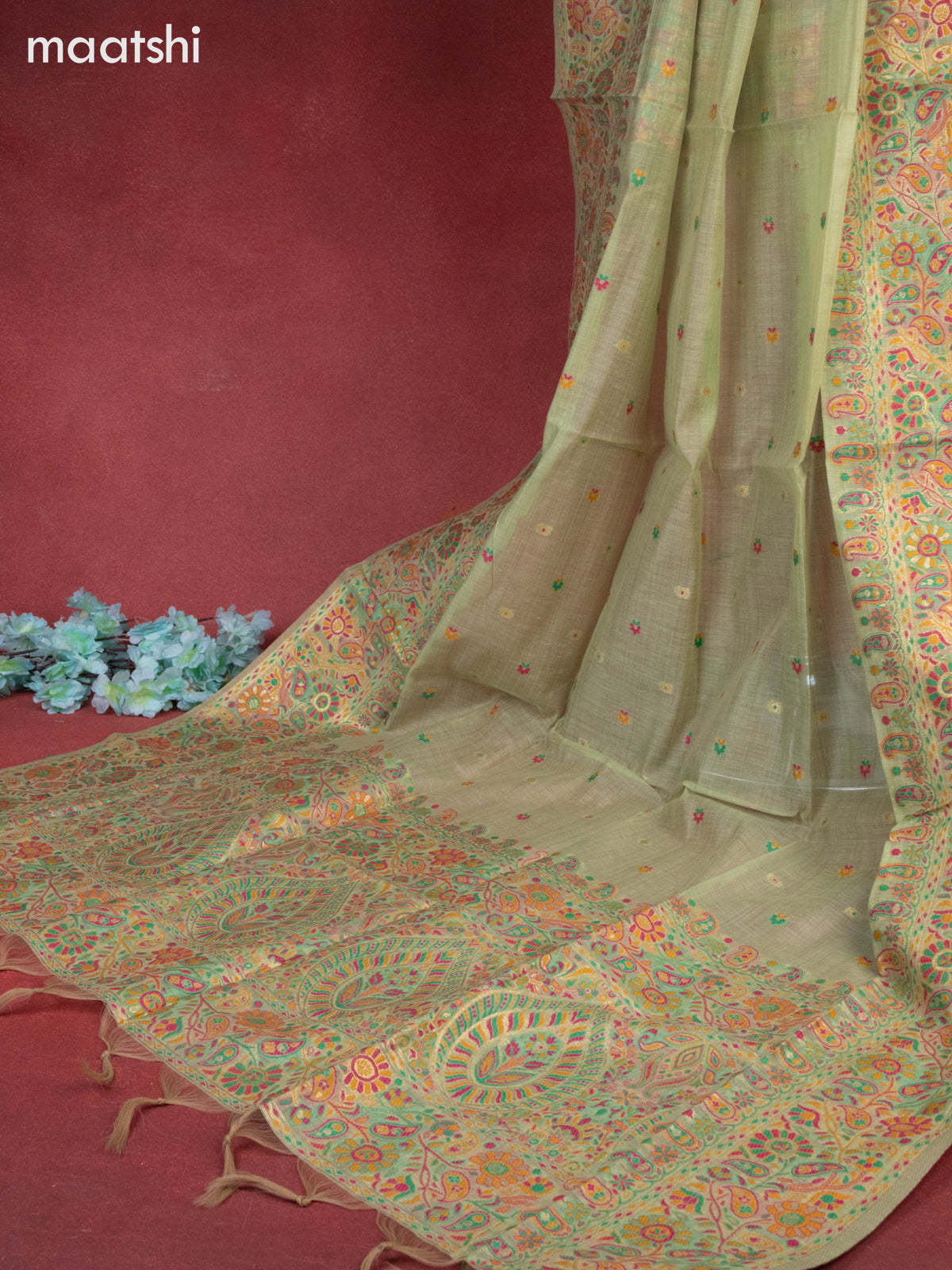 Munga cotton dress material pista green with woven buttas & sequin beaded work neck pattern and bottom & thread zari dupatta