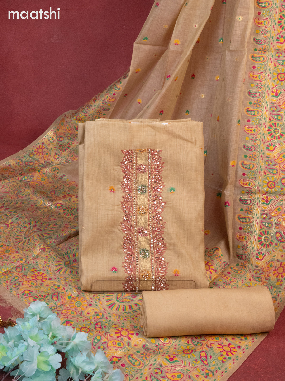 Munga cotton dress material khaki shade with woven buttas & sequin beaded work neck pattern and bottom & thread zari dupatta