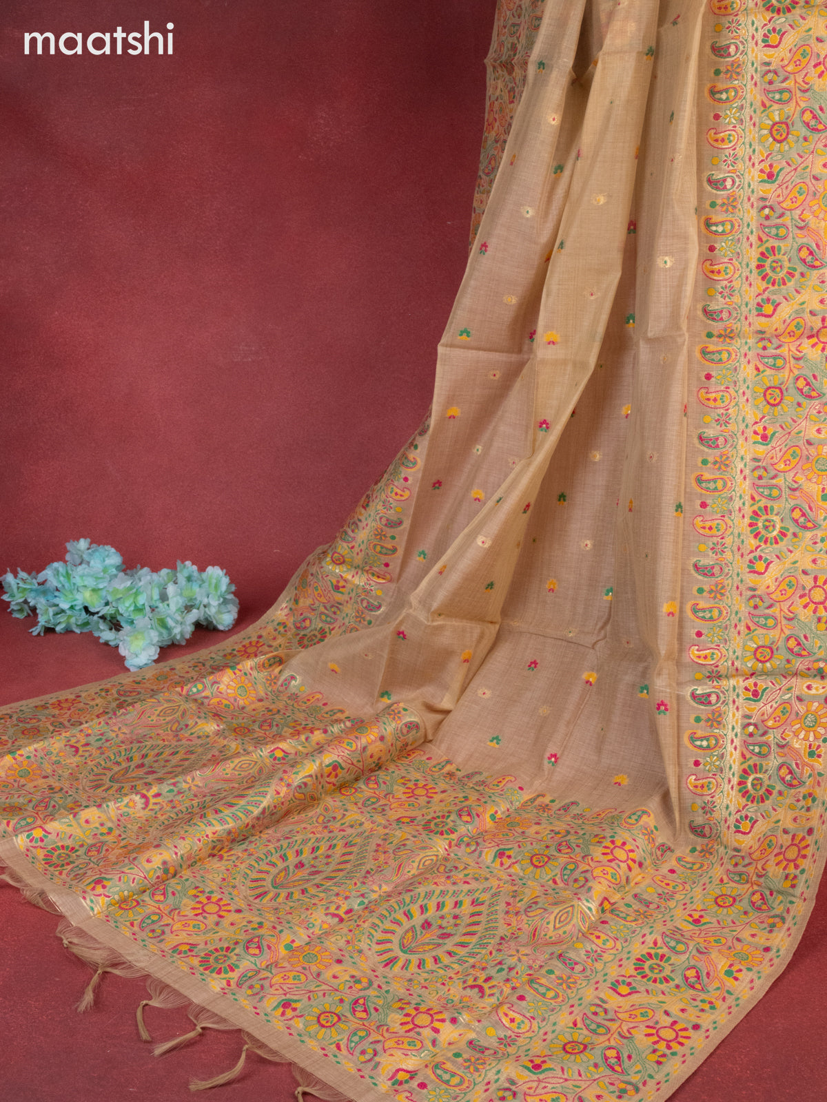 Munga cotton dress material khaki shade with woven buttas & sequin beaded work neck pattern and bottom & thread zari dupatta