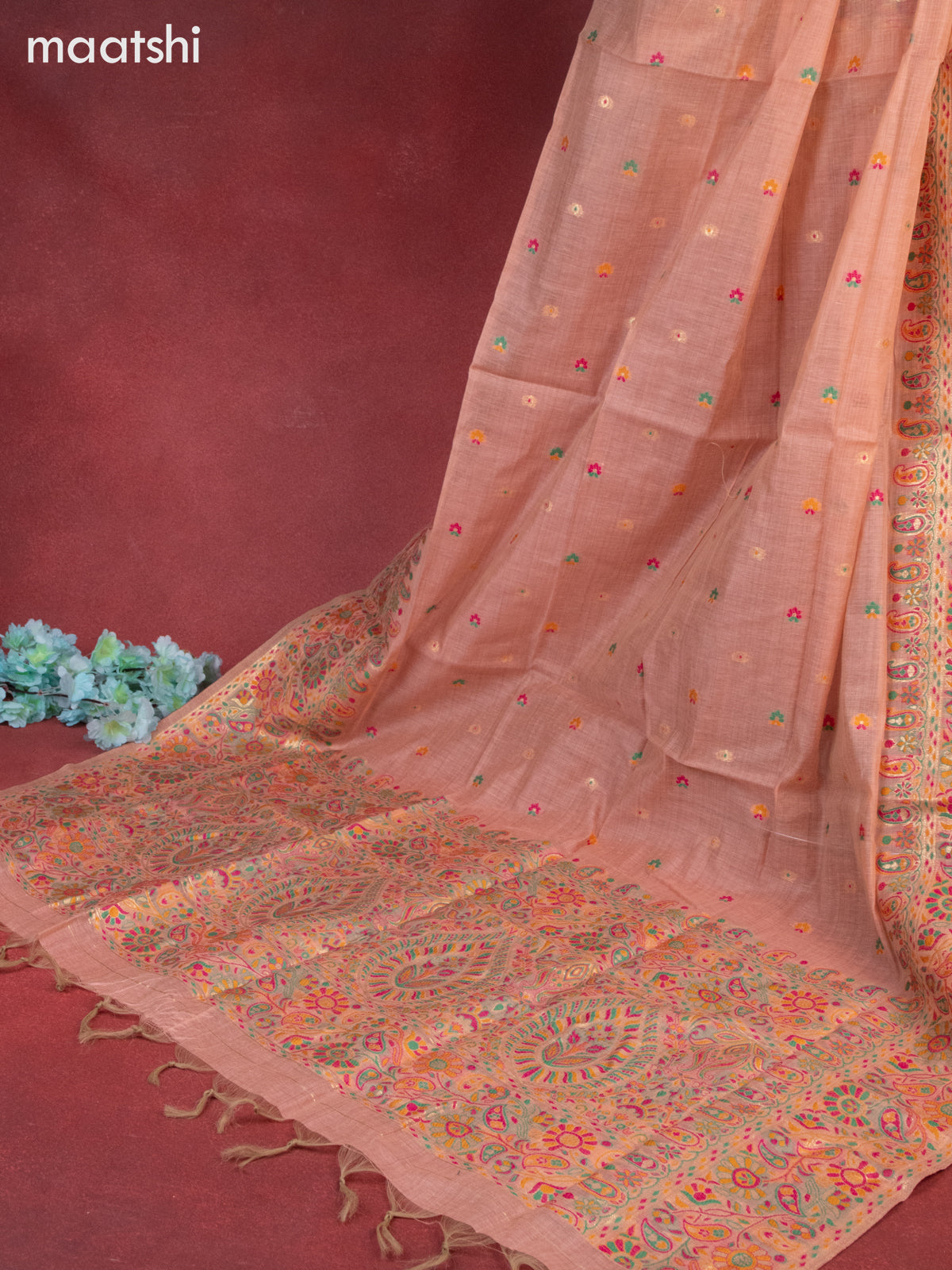 Munga cotton dress material peach shade with woven buttas & sequin beaded work neck pattern and bottom & thread zari dupatta