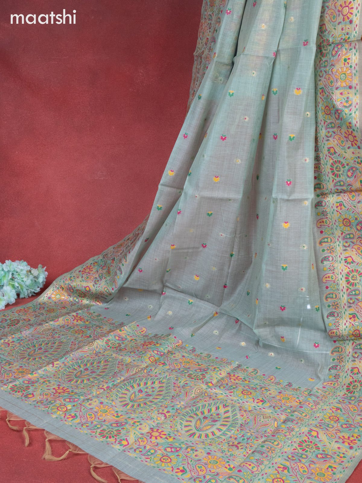 Munga cotton dress material teal shade with woven buttas & sequin beaded work neck pattern and bottom & thread zari dupatta