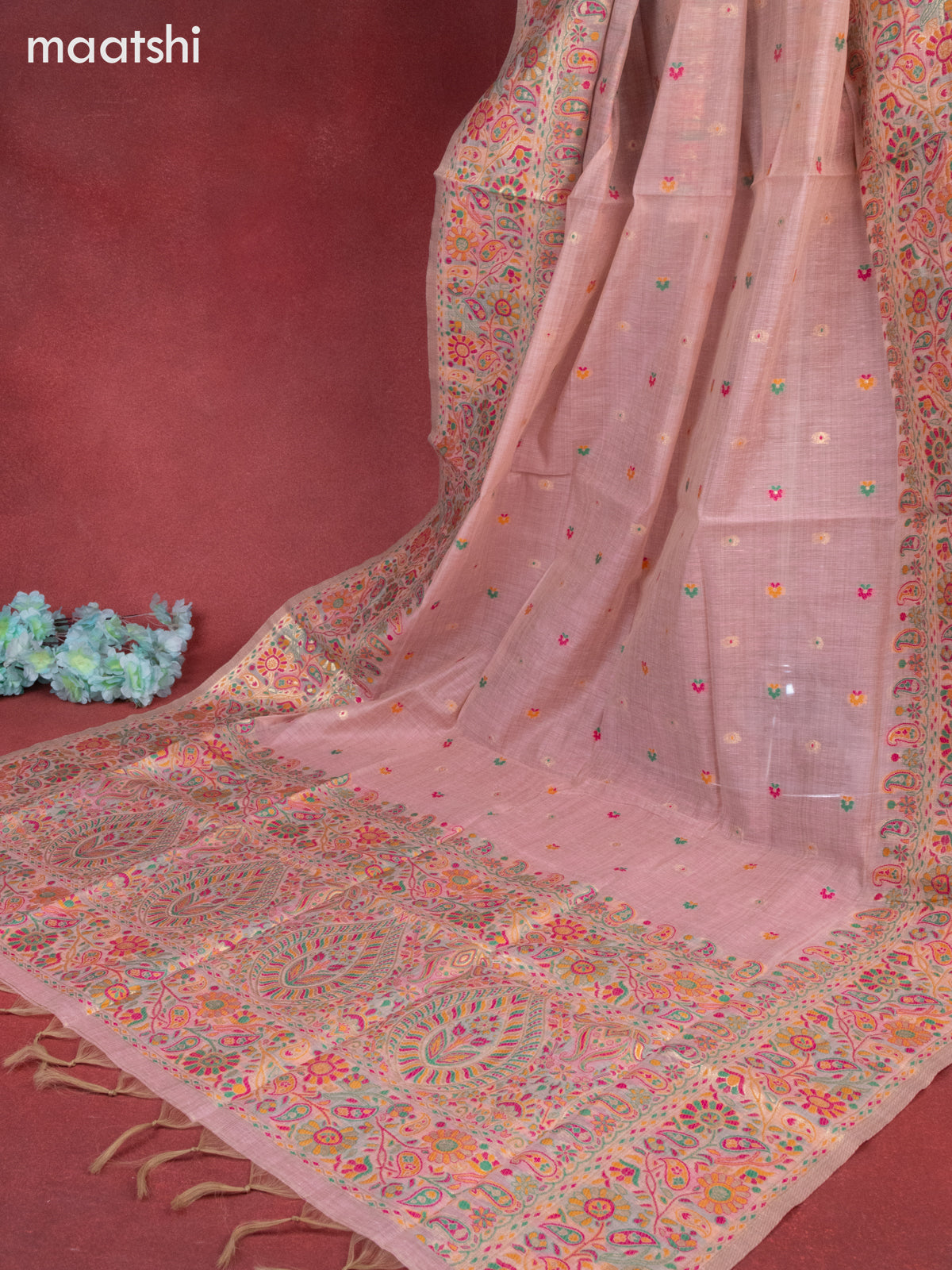 Munga cotton dress material peach pink with woven buttas & sequin beaded work neck pattern and bottom & thread zari dupatta