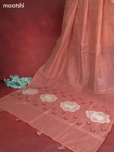 Munga cotton dress material peach pink with woven buttas & pichwai prints french knot work and bottom & thread zari dupatta