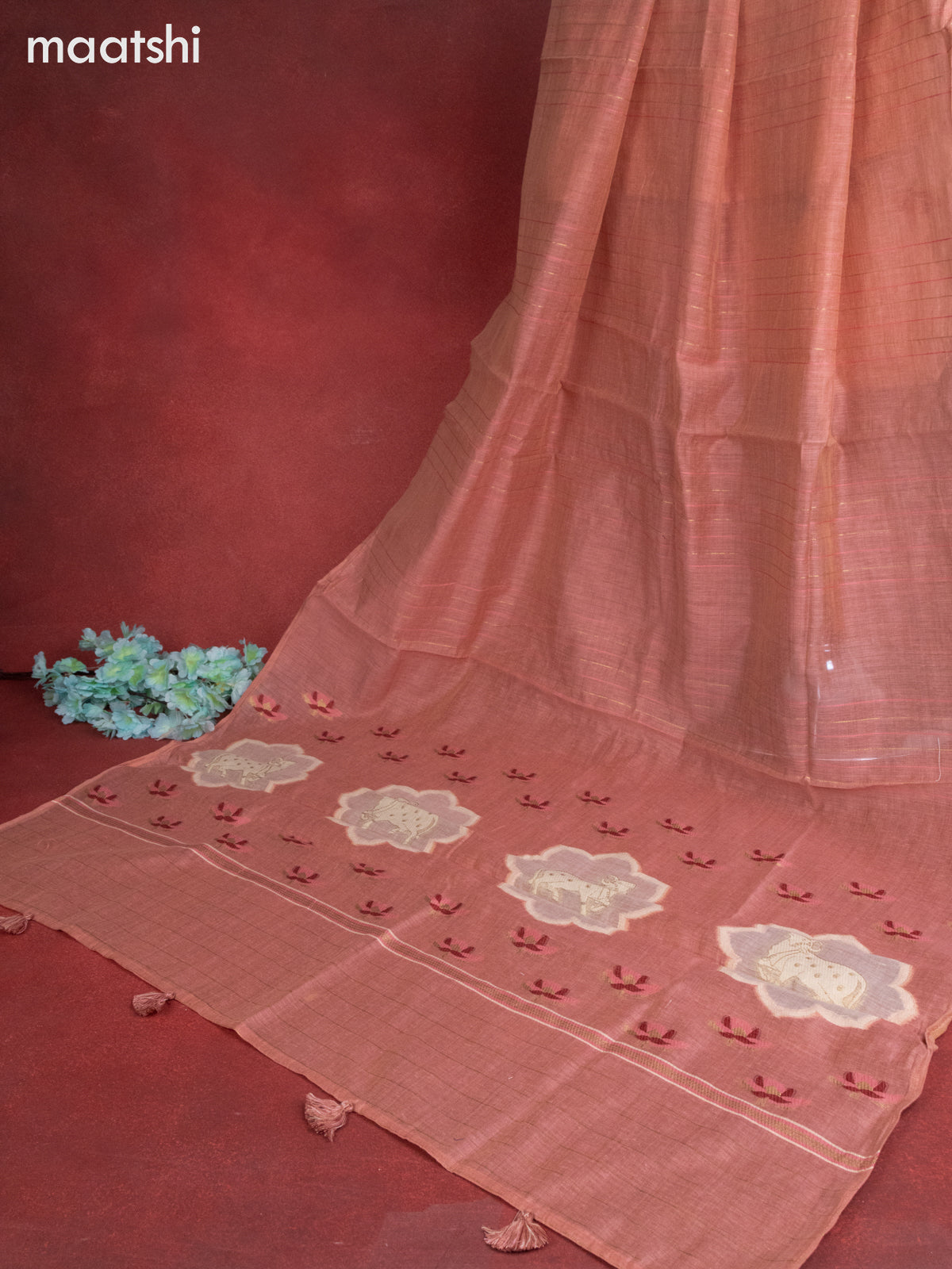 Munga cotton dress material peach pink with woven buttas & pichwai prints french knot work and bottom & thread zari dupatta