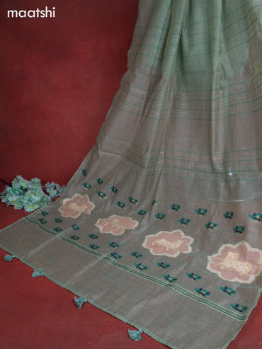 Munga cotton dress material teal shade with woven buttas & pichwai prints french knot work and bottom & thread zari dupatta