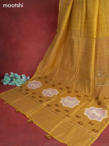 Munga cotton dress material mustard shade with woven buttas & pichwai prints french knot work and bottom & thread zari dupatta