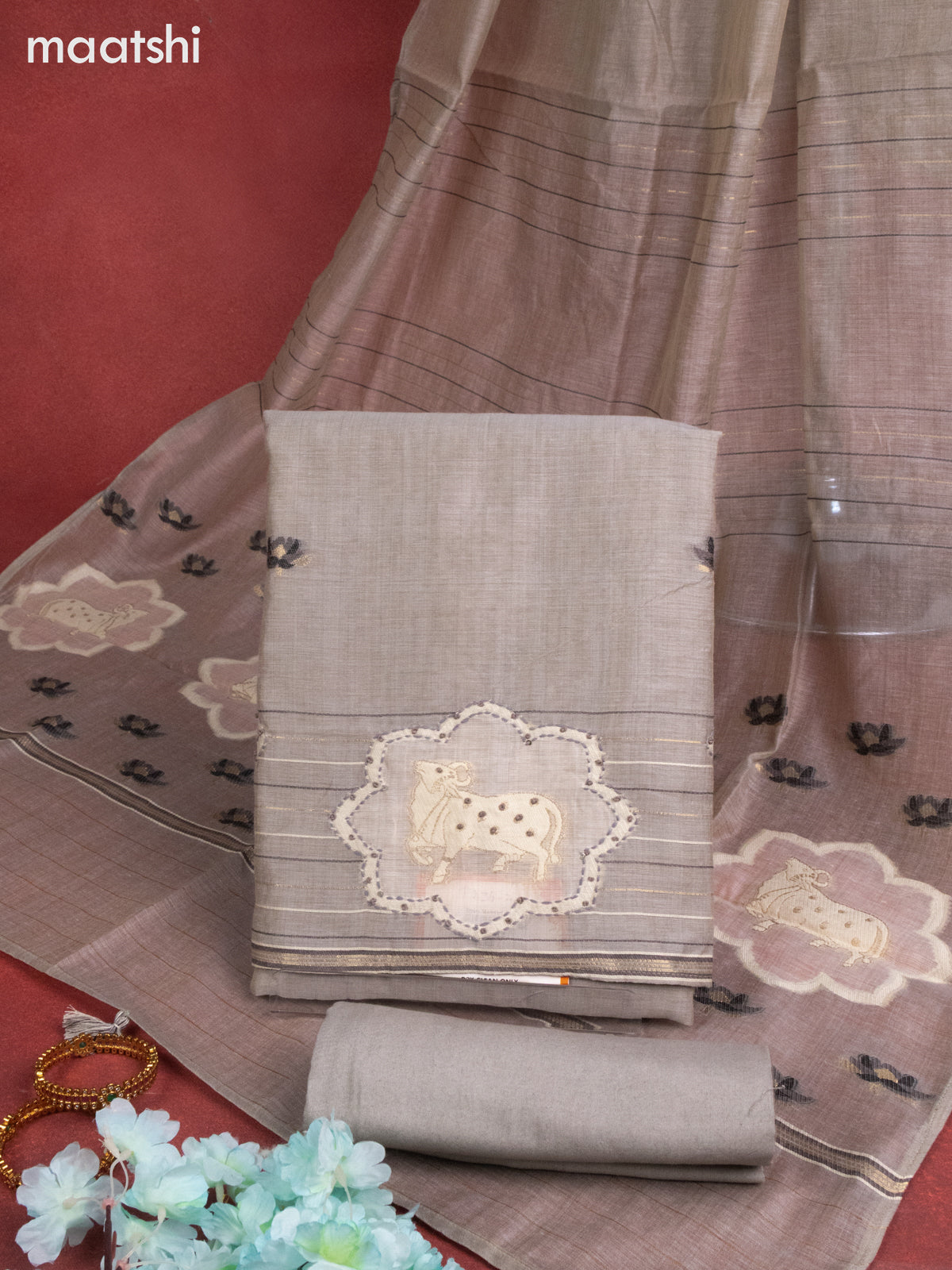 Munga cotton dress material grey with woven buttas & pichwai prints french knot work and bottom & thread zari dupatta