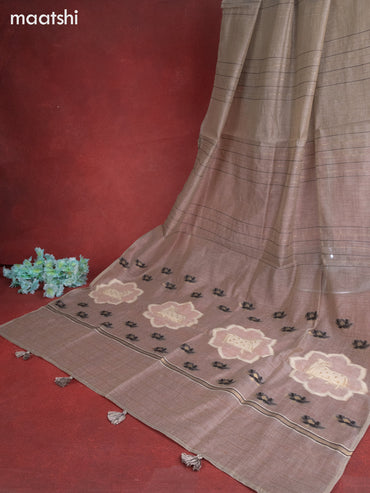 Munga cotton dress material grey with woven buttas & pichwai prints french knot work and bottom & thread zari dupatta