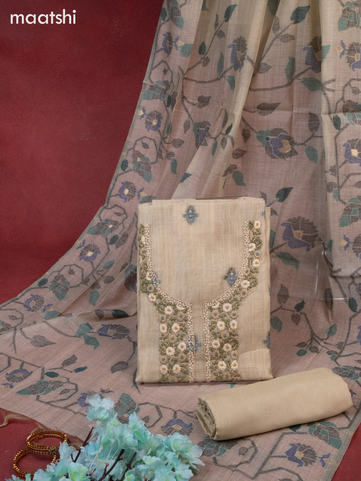 Munga cotton dress material beige with woven buttas & embroidery work neck pattern and bottom & thread zari dupatta