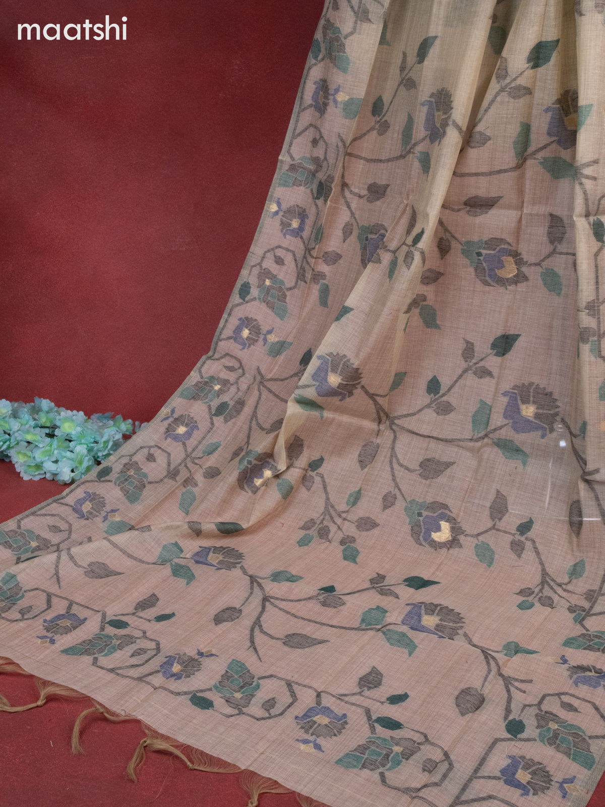 Munga cotton dress material beige with woven buttas & embroidery work neck pattern and bottom & thread zari dupatta