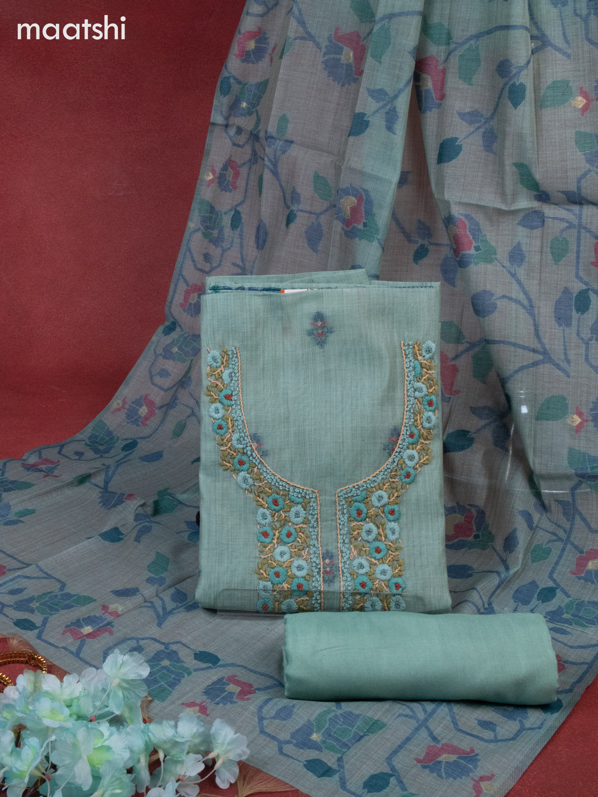 Munga cotton dress material teal blue shade with woven buttas & embroidery work neck pattern and bottom & thread zari dupatta
