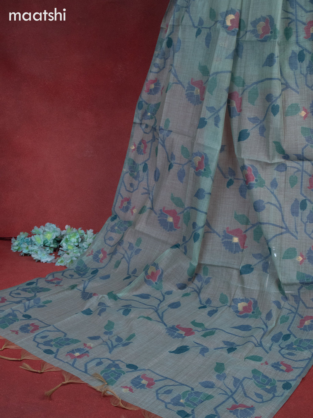 Munga cotton dress material teal blue shade with woven buttas & embroidery work neck pattern and bottom & thread zari dupatta