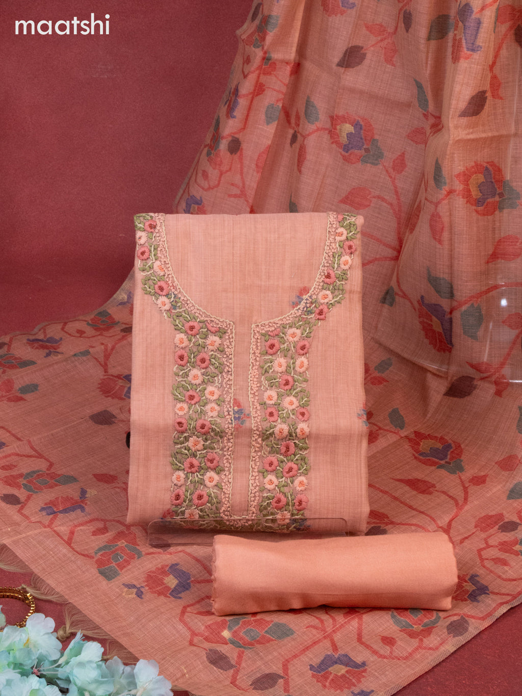 Munga cotton dress material peach shade with woven buttas & embroidery work neck pattern and bottom & thread zari dupatta
