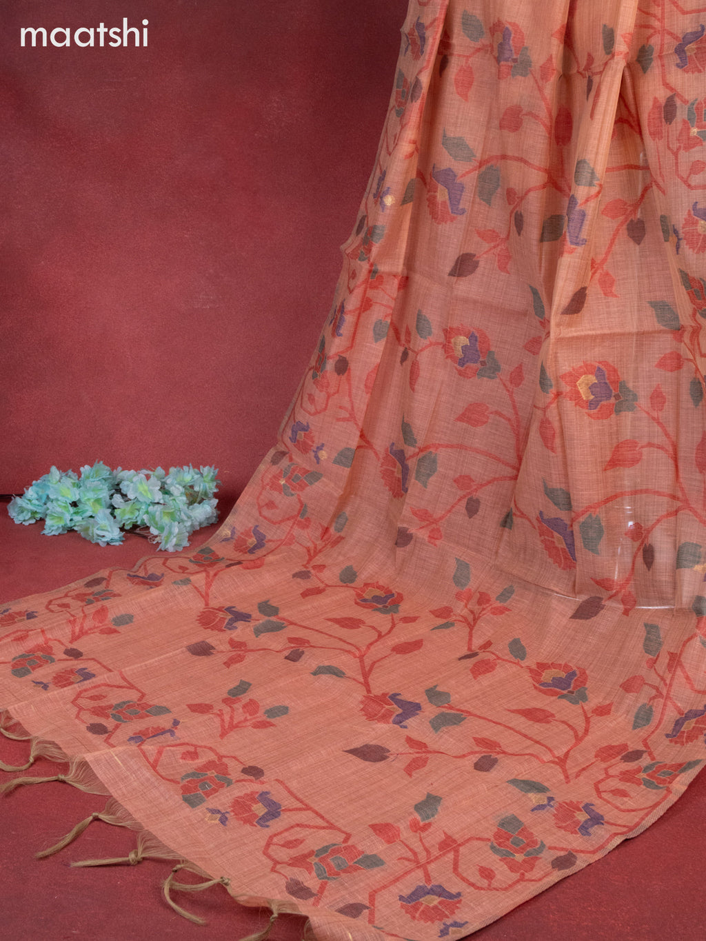 Munga cotton dress material peach shade with woven buttas & embroidery work neck pattern and bottom & thread zari dupatta