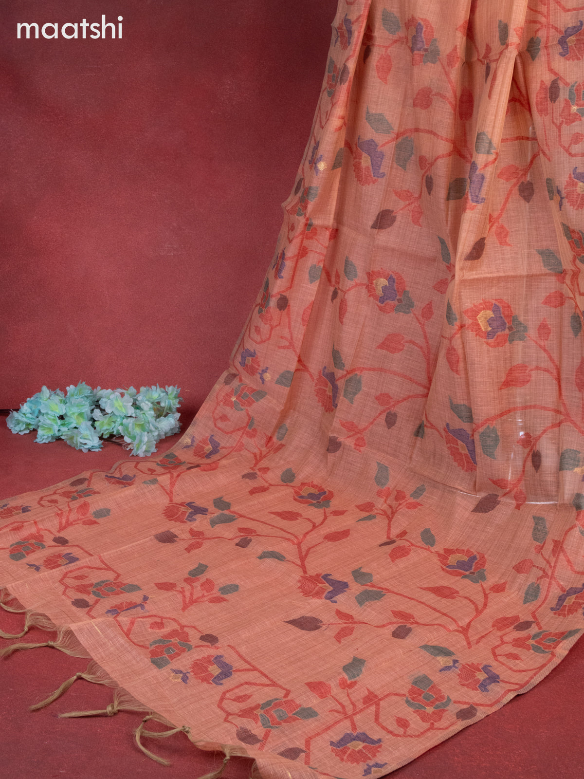 Munga cotton dress material peach shade with woven buttas & embroidery work neck pattern and bottom & thread zari dupatta