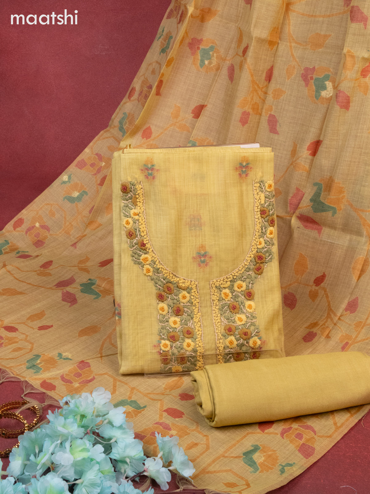 Munga cotton dress material yellow shade with woven buttas & embroidery work neck pattern and bottom & thread zari dupatta
