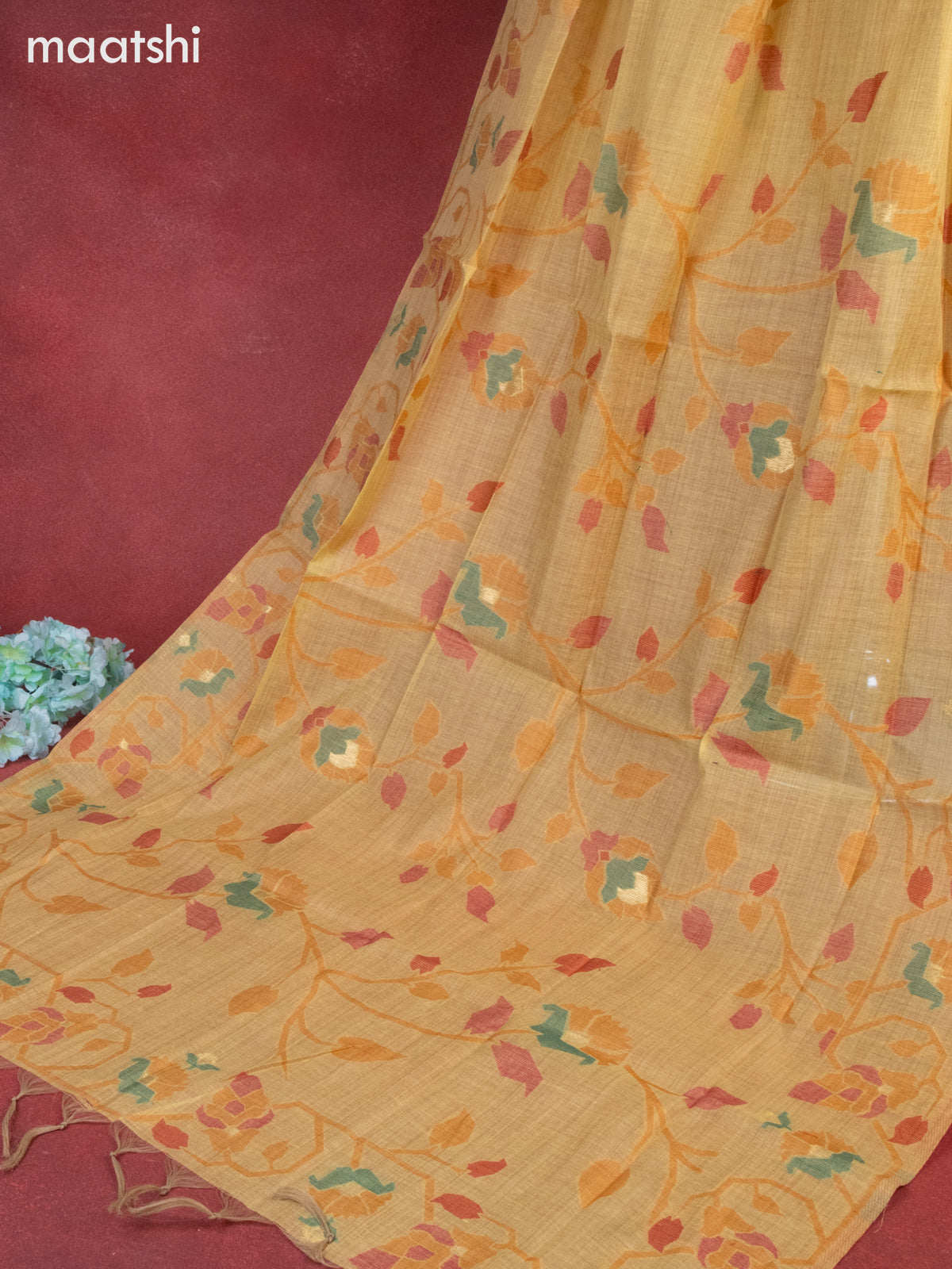 Munga cotton dress material yellow shade with woven buttas & embroidery work neck pattern and bottom & thread zari dupatta