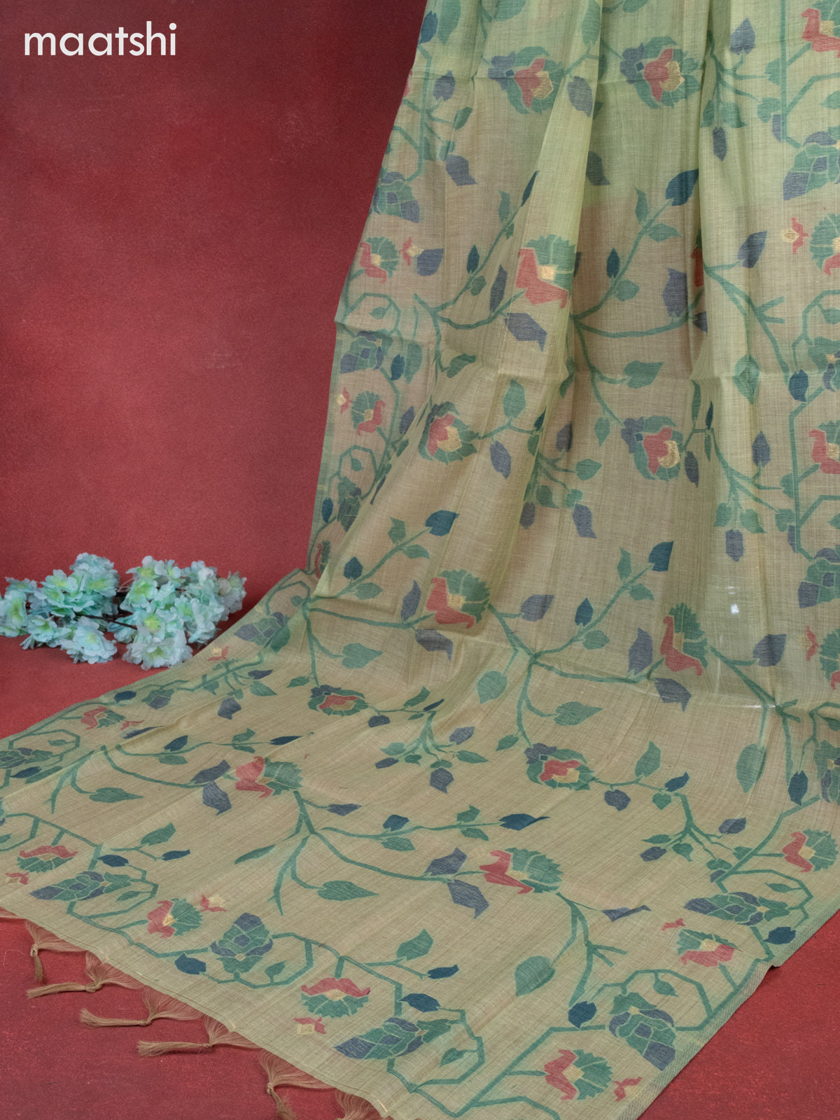 Munga cotton dress material green with woven buttas & embroidery work neck pattern and bottom & thread zari dupatta