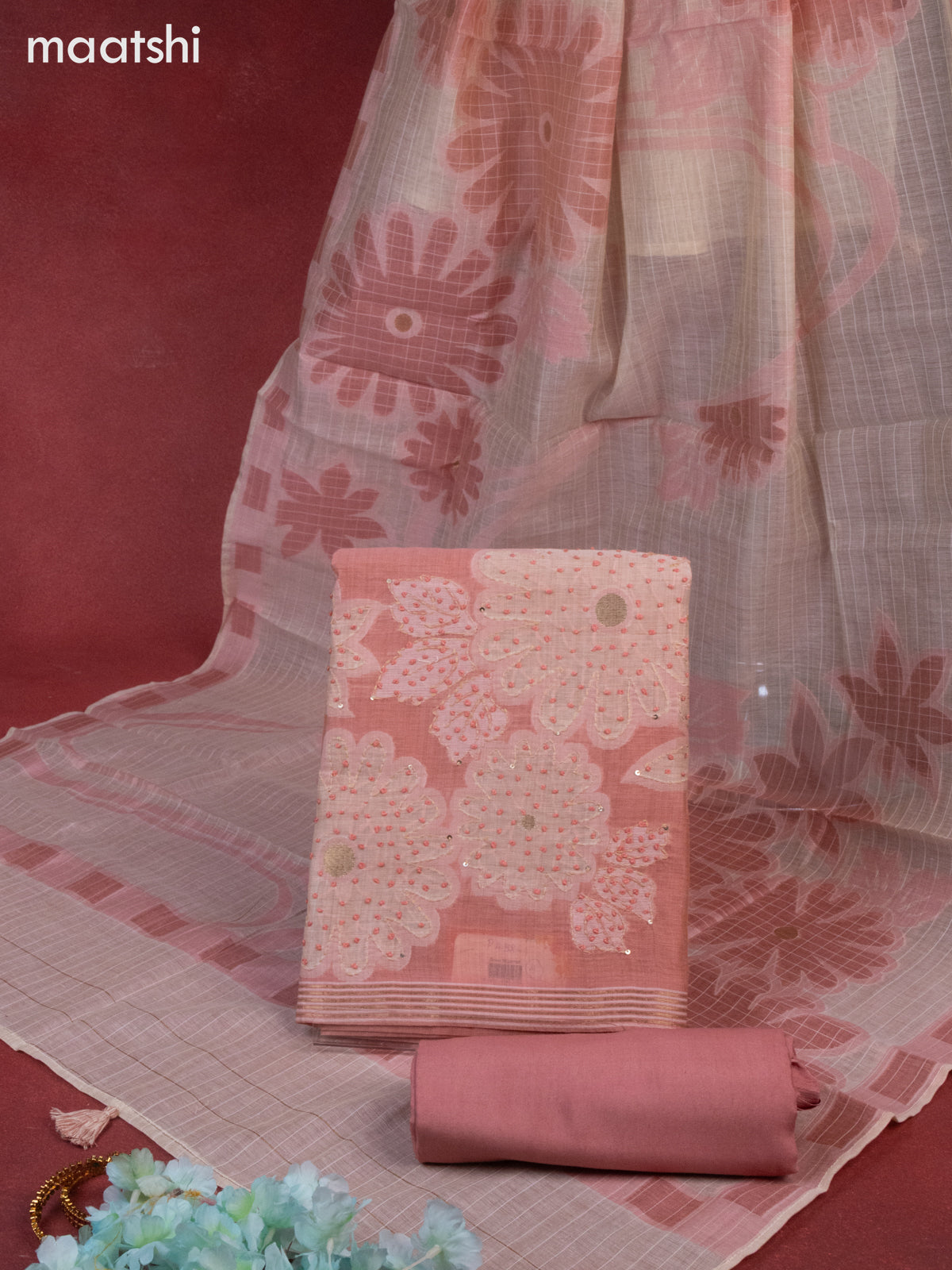 Munga cotton dress material peach pink with woven buttas & french knot work and bottom & thread zari dupatta