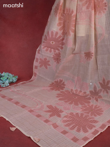 Munga cotton dress material peach pink with woven buttas & french knot work and bottom & thread zari dupatta