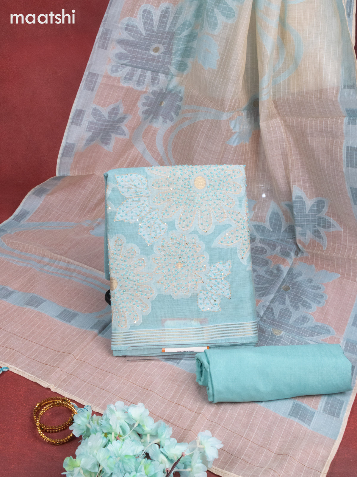Munga cotton dress material pastel blue with woven buttas & french knot work and bottom & thread zari dupatta
