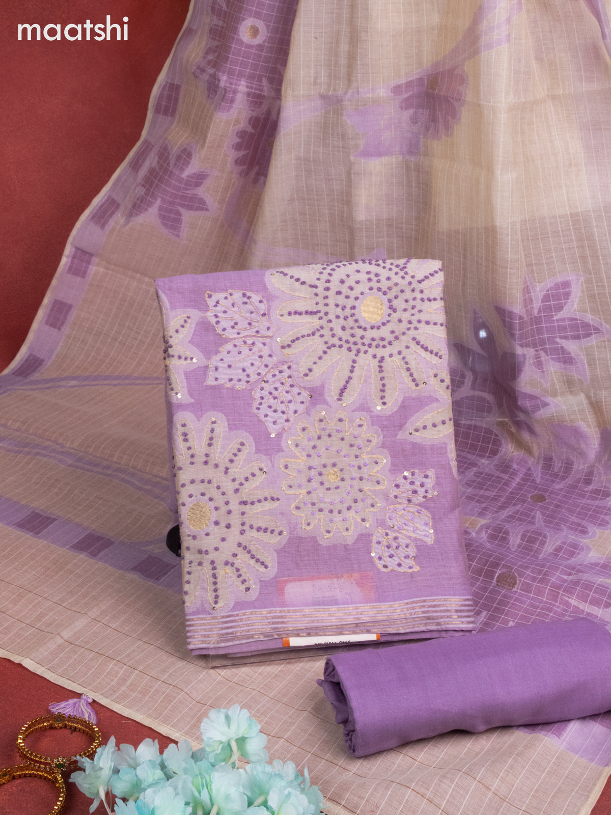 Munga cotton dress material purple shade with woven buttas & french knot work and bottom & thread zari dupatta