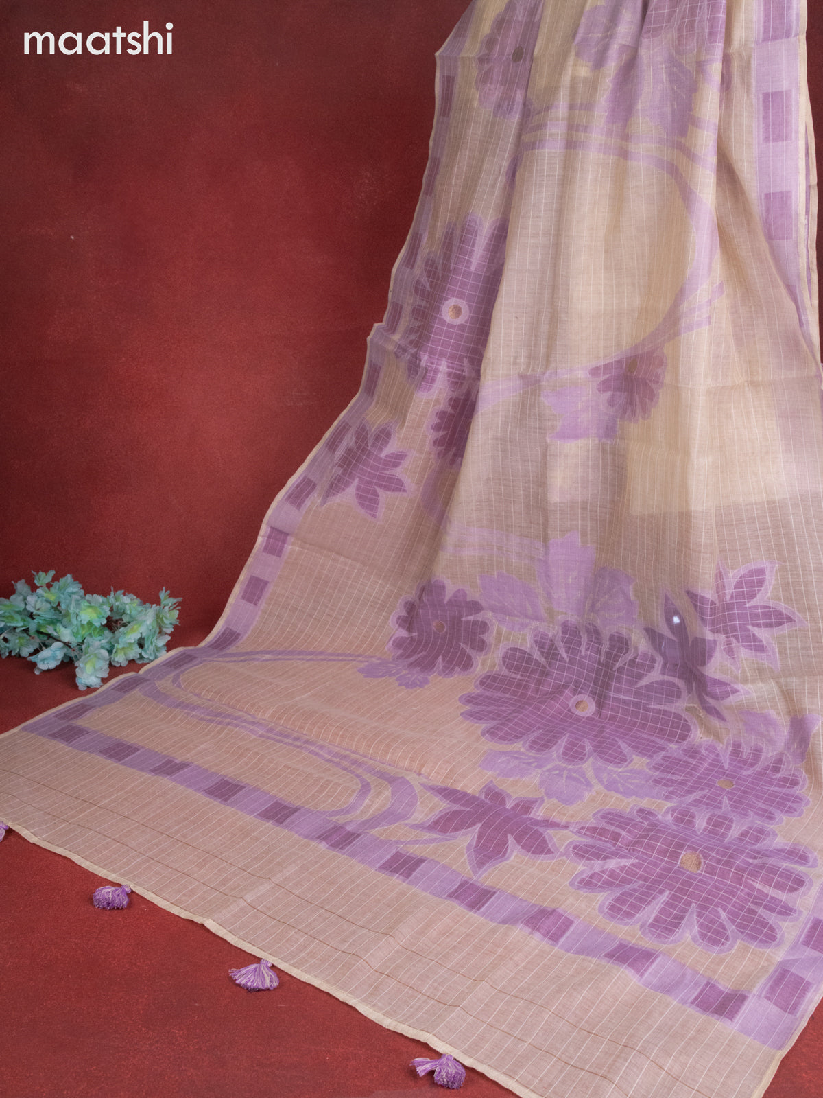 Munga cotton dress material purple shade with woven buttas & french knot work and bottom & thread zari dupatta