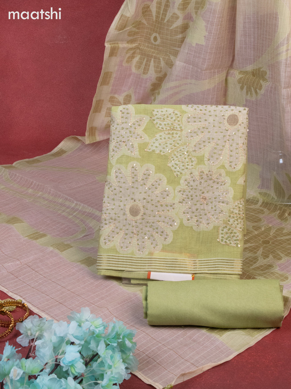 Munga cotton dress material green shade with woven buttas & french knot work and bottom & thread zari dupatta