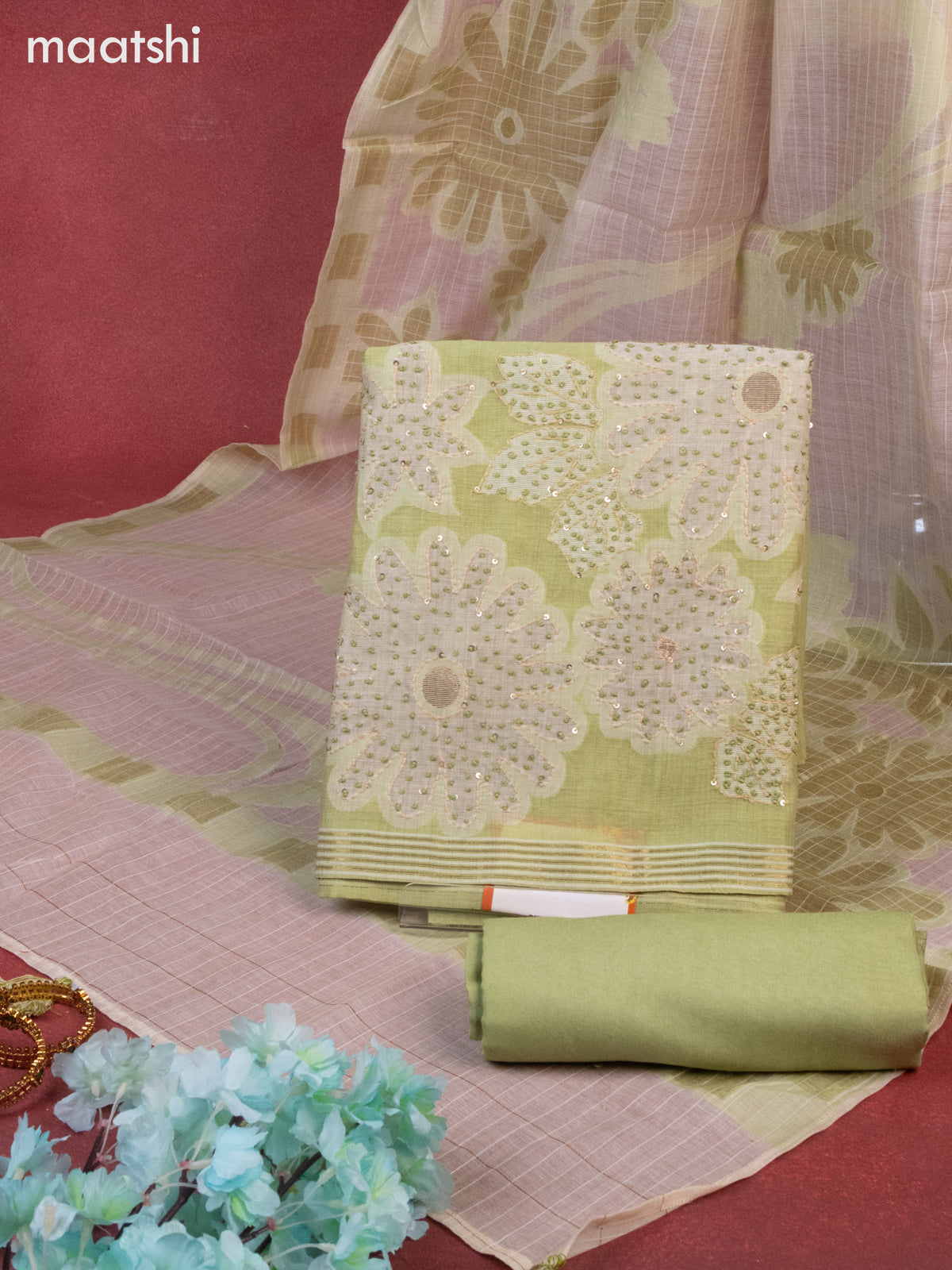 Munga cotton dress material green shade with woven buttas & french knot work and bottom & thread zari dupatta